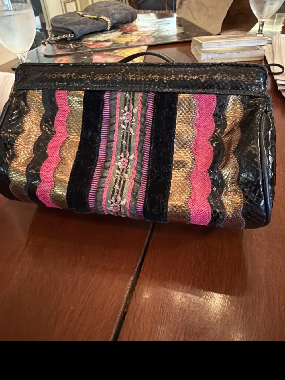 Vintage Carlos Falchi Black with Pink & Gold Embroidered Striped Women’s Clutch